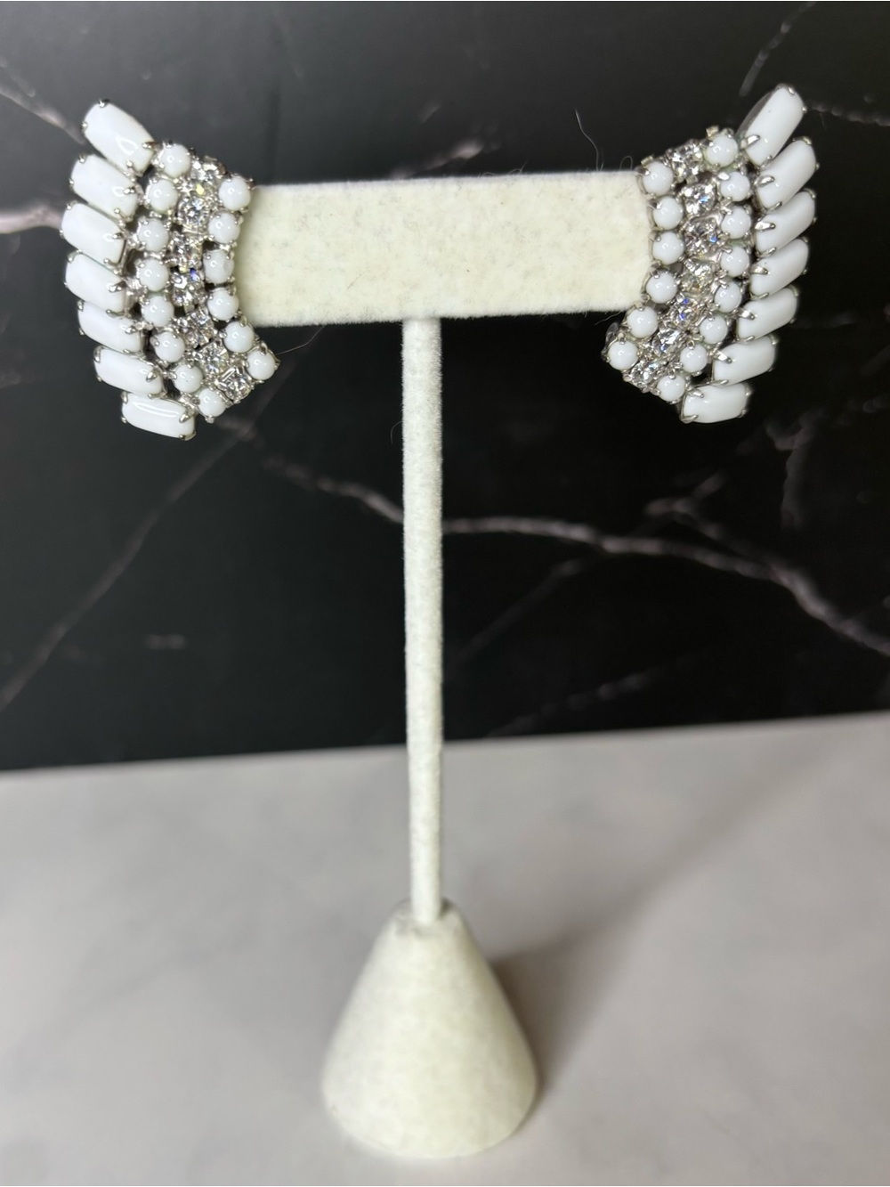 Vintage Art Deco Milk Glass and Rhinestone Cluster Clip Earrings